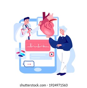 Médico Cardiólogo Consultar Paciente Pensionista Mujer Vieja.Hospital Médico Online.Fluorografía Diagnóstica por Internet.Desaliento Cardíaco, Tratamiento Cardiográfico de Presión Arterial. Servicio Digital. Ilustración