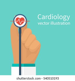 Cardiologista médico estetoscópio segurar na mão. Batimento cardíaco vermelho com linha de vida, símbolo de saúde. Antecedentes médicos. Design plano de ilustração vetorial. Conceito de cardiologia.