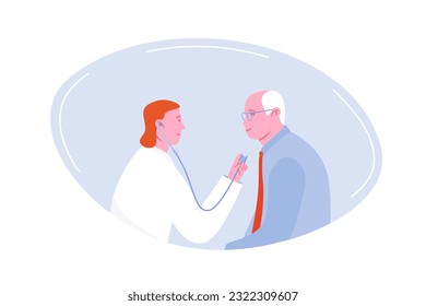 Cardiologist and heart doctor. Professional Medical Examination and Examination with Rhythm Listening and Pulse Cardiogram Vector Illustration.