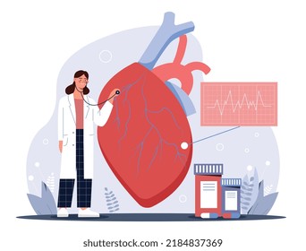 Cardiólogo con corazón. Niña joven examina órganos del cuerpo humano. Afiche médico o pancarta, marketing y promoción. Doctor haciendo concepto de investigación científica. Dibujo vectorial plano de dibujos animados