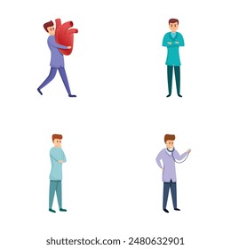 Cardiologist icons set cartoon vector. Cardiologist doctor holding big heart. Medicine and healthcare concept