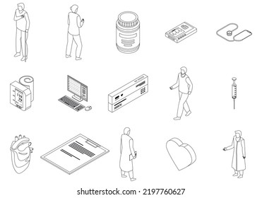 Cardiologist icons set. Isometric set of cardiologist vector icons outline thin lne isolated on white