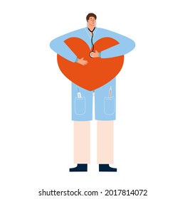 The cardiologist listens to the heart through a stethoscope and provides an ambulance. Vector illustration. Flat design on a medical theme.