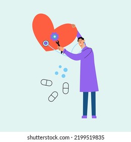 El cardiólogo escucha el corazón. Ilustración de concepto de vector en estilo plano