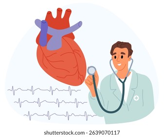 Cardiologist listens to workings human heart with stethoscope. Taking cardiogram. Heartbeat diagnostics. Hospital doctor. Medical emergency help. Cardiology diagnosis