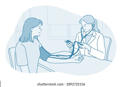 Cardiologist And Measuring Blood Pressure Concept. Young Woman Doctor Therapist Cardiologist Measuring Pulse And Blood Pressure Of Young Woman Patient In Medical Clinic Office Vector Illustration 