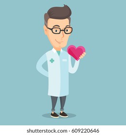 Cardiologist in medical doctor uniform with heart in hand. Doctor cardiologist holding heart. Concept of healthcare and prevention of heart problems. Vector flat design illustration. Square layout.