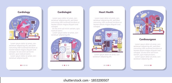 Juego de banners de aplicación móvil para cardiólogos. Idea de atención al corazón y diagnóstico médico. Los médicos tratan enfermedades cardíacas. Cirujano de órganos internos. Ilustración aislada en estilo de caricatura