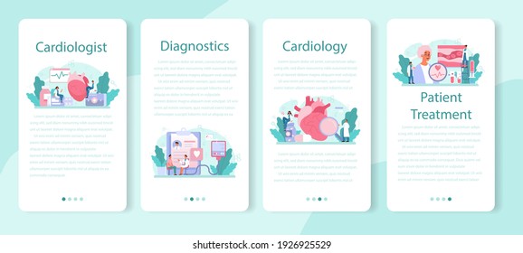 Cardiologist mobile application banner set. Idea of heart care and medical diagnostic. Doctors treat heart disease. Internal organ. Isolated illustration in cartoon style