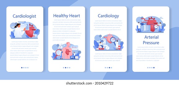 Cardiologist mobile application banner set. Idea of heart care and medical diagnostic. Doctors treat heart disease. Internal organ surgeon. Isolated illustration in cartoon style