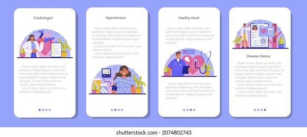 Juego de banners de aplicación móvil para cardiólogos. Idea de diagnóstico y tratamiento médico del corazón. Médicos curando la hipertensión, la hipotensión u otras enfermedades cardíacas. Ilustración vectorial plana