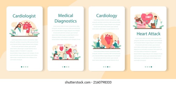 Cardiologist mobile application banner set. Idea of heart medical diagnostic and treatment. Doctors treat heart attack. Internal organ surgeon. Flat vector illustration