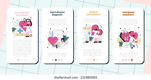 Cardiologist mobile application banner set. Idea of heart medical diagnostic and treatment. Doctors treat heart attack. Internal organ surgeon. Flat vector illustration