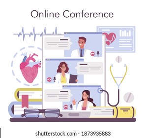 Servicio o plataforma online de cardiólogos. Idea de atención al corazón y diagnóstico médico. Los médicos tratan enfermedades cardíacas. Conferencia en línea. Ilustración aislada