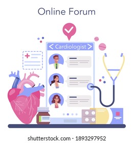 Servicio o plataforma online de cardiólogos. Idea de atención cardíaca y diagnóstico cardiológico. y tratamiento del sistema circulatorio. Foro en línea. Ilustración vectorial plana