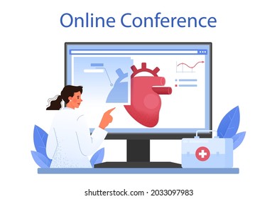 Servicio o plataforma online de cardiólogos. Idea de atención al corazón y diagnóstico médico. Los médicos tratan enfermedades cardíacas. Conferencia en línea. Ilustración vectorial plana