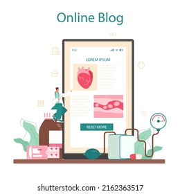 Cardiologist online service or platform. Idea of heart medical diagnostic and treatment. Doctors treat heart attack. Online blog. Flat vector illustration