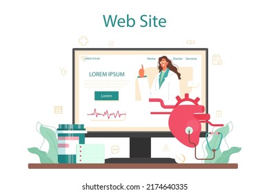 Servicio o plataforma online de cardiólogos. Idea de diagnóstico y tratamiento médico del corazón. Los médicos tratan el ataque al corazón. Sitio web. Ilustración vectorial plana