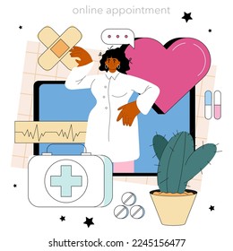 Cardiologist online service or platform. Idea of heart medical diagnostic and treatment. Doctors treat heart attack. Online appointment. Flat vector illustration