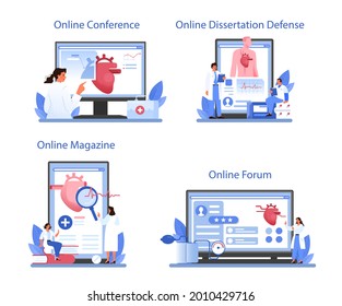 Servicio en línea de cardiólogos o conjunto de plataformas. Idea de atención al corazón y diagnóstico médico. Los médicos tratan enfermedades cardíacas. Foro en línea, revista, conferencia, defensa de tesis. Ilustración vectorial plana