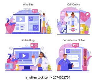 Servicio en línea de cardiólogos o conjunto de plataformas. Diagnóstico y tratamiento médico del corazón. Médicos curando enfermedades cardíacas. Llamada en línea, consulta, video blog, sitio web. Ilustración vectorial plana