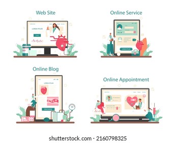 Cardiologist online service or platform set. Idea of heart medical diagnostic and treatment. Doctors treat heart attack. Online appointment, blog, website. Flat vector illustration