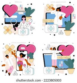Cardiologist online service or platform set. Idea of heart medical diagnostic and treatment. Doctors treat heart attack. Online appointment, consultation, contacts, website. Flat vector illustration