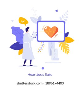 Cardiologist or physician monitoring heart rate or heartbeat on display. Concept of cardiology, cardiogram, cardiovascular system treatment or research. Modern flat vector illustration for poster.