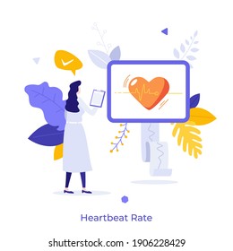 Cardiologist or physician monitoring heart rate or heartbeat on display. Concept of cardiology, cardiogram, cardiovascular system treatment or research. Modern flat vector illustration for poster.