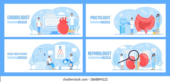 Cardiologist, Proctologist, Nephrologist, Eye Doctor Concept Set Vector For Landing Page, Medical Website.