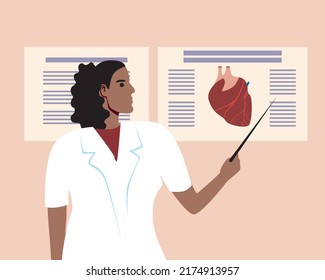 Cardiologist shows heart in infographic. Woman doctor. Flat vector stock illustration. Concept of study or exam of intern or ordinator