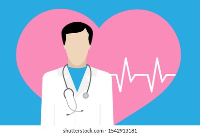 Cardiologist with a stethoscope on the background of the heart and pulse. European doctor in white coat, vector illustration.