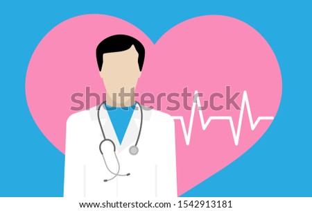 Cardiologist with a stethoscope on the background of the heart and pulse. European doctor in white coat, vector illustration.