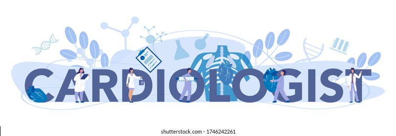 Cardiologist typographic header concept. Doctor deal with the disorder of the heart. Cardiology doctor make diagnos and treatment of congential heart defect. Vector illustration.