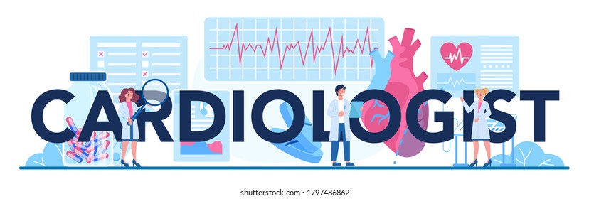 Encabezado tipográfico cardiólogo. Idea de atención al corazón y diagnóstico médico. Los médicos tratan enfermedades cardíacas. Órgano interno. Ilustración aislada en estilo de caricatura