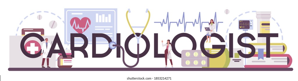 Cardiologist typographic header. Idea of heart care and medical diagnostic. Doctors treat heart disease. Internal organ surgeon. Isolated illustration in cartoon style