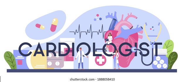 Cardiologist typographic header. Idea of heart care and medical diagnostic. Doctors treat heart disease. Cardiology and circulatory system treatment. Flat vector illustration