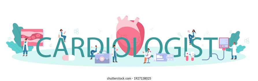 Encabezado tipográfico cardiólogo. Idea de atención al corazón y diagnóstico médico. Los médicos tratan enfermedades cardíacas. Órgano interno. Ilustración aislada en estilo de caricatura