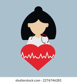 Cardiologist vector image. The doctor with a stethoscope listens to the heartbeat on a large heart. Cardiology examination. Heart health.
Illustration in eps 10 format.