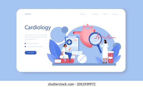 Cartel web o página de aterrizaje del cardiólogo. Idea de atención al corazón y diagnóstico médico. Los médicos tratan enfermedades cardíacas. Cirujano de órganos internos. Ilustración aislada en estilo de caricatura