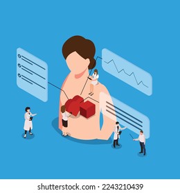Cardiologists checking up heart of patient isometric 3d vector illustration concept for banner, website, illustration, landing page, flyer, etc.