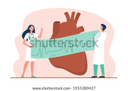Cardiologists with ECG graph examining heart. Medical checkup flat vector illustration. Cardiology, healthcare, heart disease, medicine concept for banner, website design or landing web page
