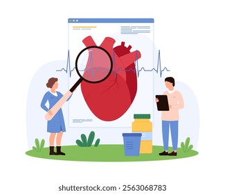 Cardiologists studying heart health with a giant heart model. One uses a magnifying glass, while another records data on a clipboard, symbolizing advanced medical research vector illustration.