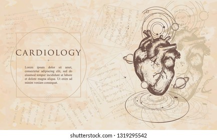 Cardiology. Anatomocal Heart In Space. Mecical Concept. Renaissance Background. Medieval Manuscript, Engraving Art 