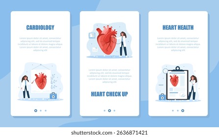 Cardiology banner set. Heart exam and treatment. Female cardiologist make diagnosis and choose therapy. ECG concept. Vector illustration in flat cartoon style. Prevention of heart diseases.
