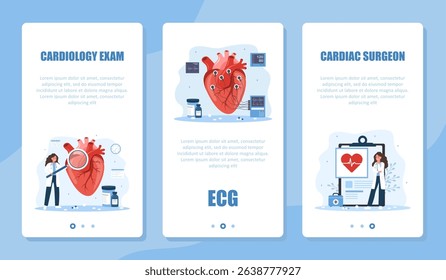 Cardiology banner set. Heart exam and treatment. Female cardiologist make diagnosis and choose therapy. ECG concept. Vector illustration in flat cartoon style. Prevention of heart diseases.