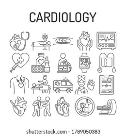 Cardiology black line icons set. Isolated vector element. Outline pictograms for web page, mobile app, promo.