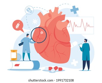 Cardiology. Cardiologists Examining Heart. High Cholesterol Medical Diagnostics, Heart Failure Treatment, Heart Transplantation Vector Concept. Doctors Checking Organ With Magnifier