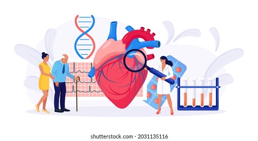 Cardiology, Cardiovascular Heart Diagnostics. Cardiologist Doctor Consulting Elder Patient About Heart Disease, Medical Check Up. Transplantation Research, Heart Attack, Hypertension, Diabetes.