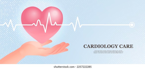 Cardiology care banner with hand shows heart and cardiogram. Vector illustration in flat style